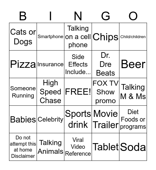 Super Bowl Commercial Bingo! Bingo Card