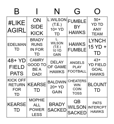 SUPERBOWL XLIX ~ CHEATERS VS. HAWKS Bingo Card