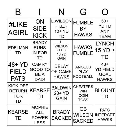 SUPERBOWL XLIX ~ CHEATERS VS. HAWKS Bingo Card