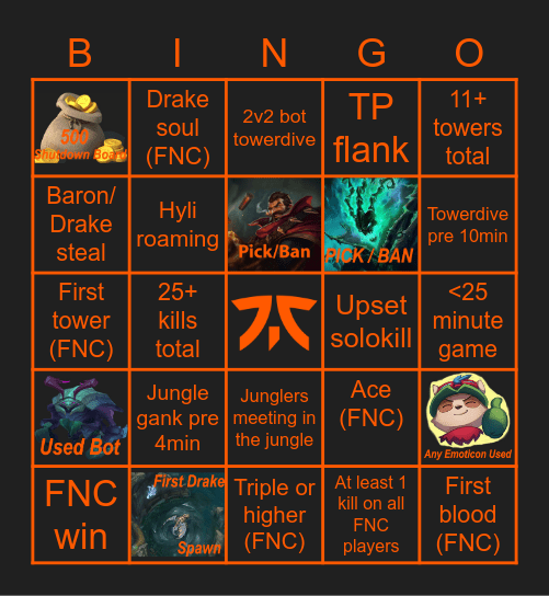 Fnatic vs XL Bingo Card