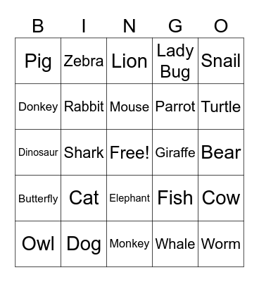 Animals Bingo Card