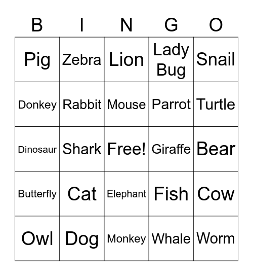 Animals Bingo Card