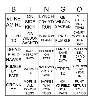 SUPERBOWL XLIX ~ CHEATERS VS. HAWKS Bingo Card