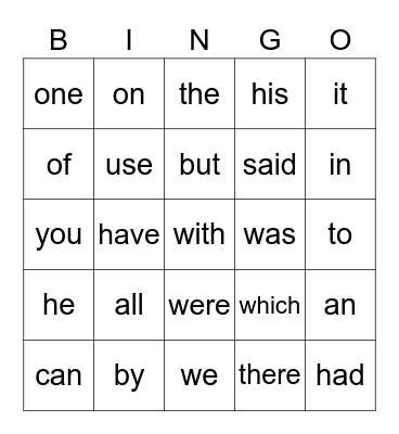 Sight Words Bingo Card