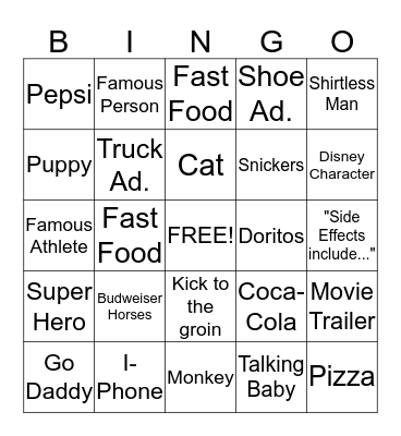 Superbowl 2015 Commercial Bingo! Bingo Card