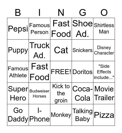 Superbowl 2015 Commercial Bingo! Bingo Card