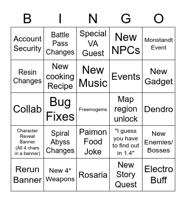 1.4 Livestream Genshin Impact Bingo Card