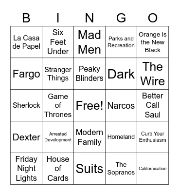 2000s - Present TV/Netflix Theme Songs Bingo Card