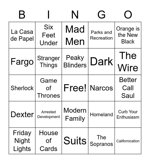2000s - Present TV/Netflix Theme Songs Bingo Card