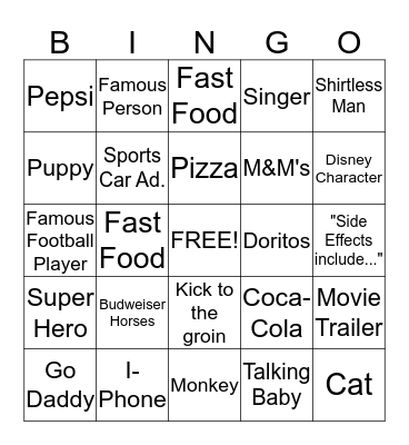 Superbowl 2015 Commercial Bingo! Bingo Card