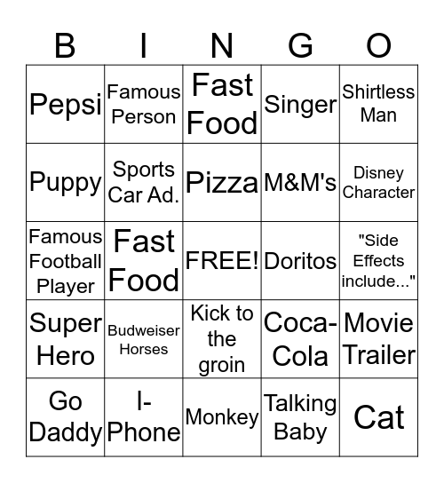 Superbowl 2015 Commercial Bingo! Bingo Card