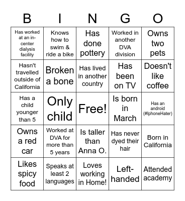 DaVita Home Bingo! Bingo Card