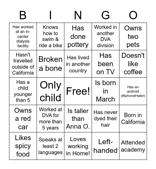 DaVita Home Bingo! Bingo Card