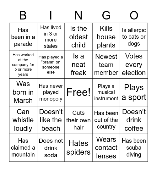 Get To KNow Bingo Card