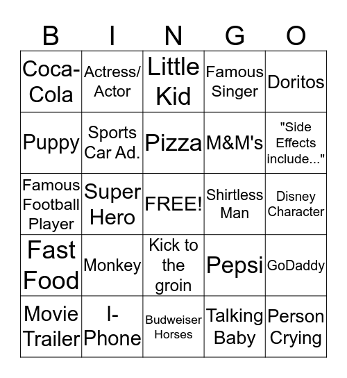 Superbowl 2015 Commercial Bingo! Bingo Card