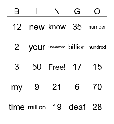 ASL Vocab Bingo Card