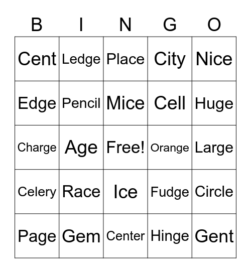 Soft C and G Bingo Card