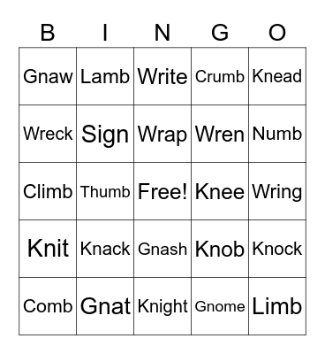 Silent Letters Bingo Card