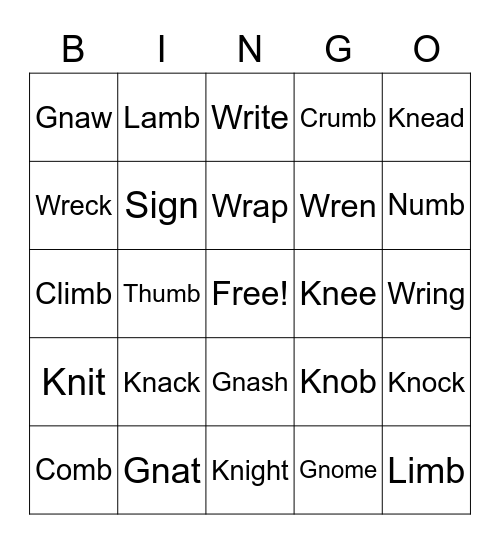 Silent Letters Bingo Card