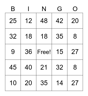 Multiplication Bingo Card