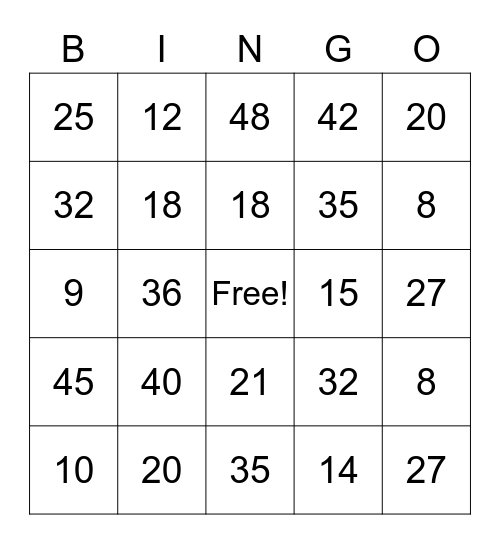 Multiplication Bingo Card