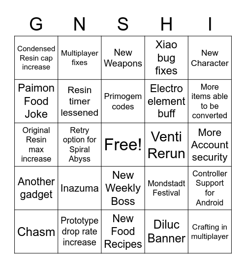 Genshin 1.4 Livestream Bingo Card