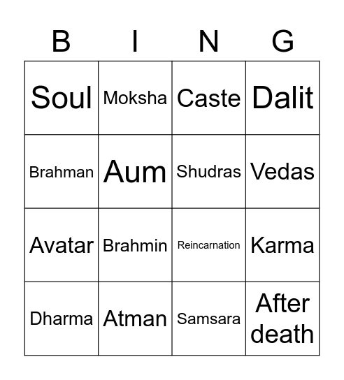 Term 4 Hinduism Recap Bingo Card