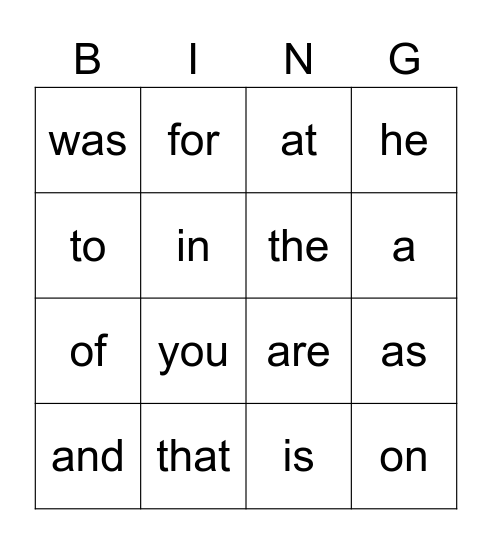 Sight words 1 Bingo Card