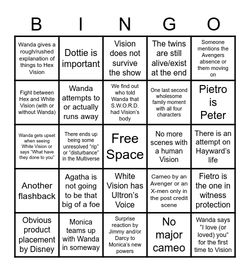 Wandavision Bingo Card