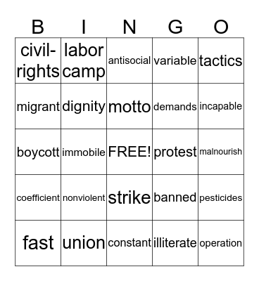 Civil Rights Bingo Card