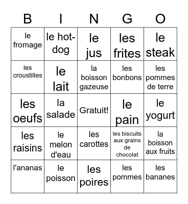 Les aliments du buffet Bingo Card