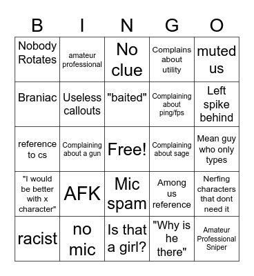Valorant TeamMates Bingo Card