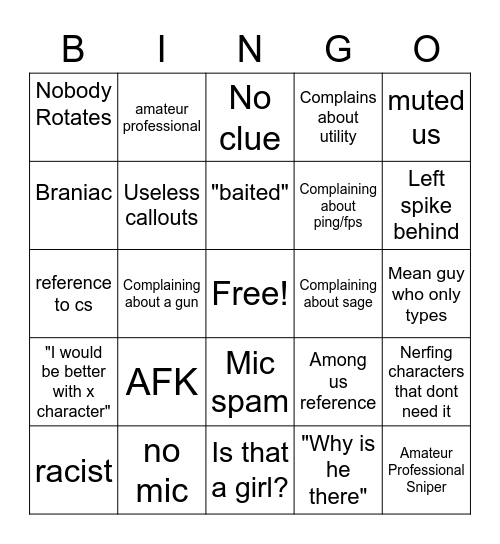 Valorant TeamMates Bingo Card