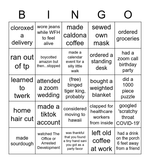 Quarantine Throwback Bingo Card