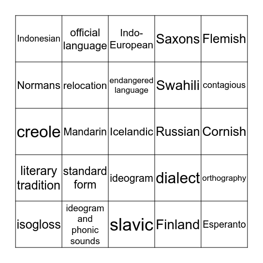 Language Bingo Card