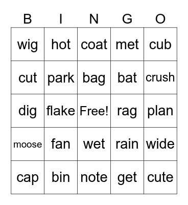 Medial sounds Bingo Card