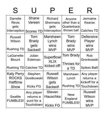 New England Patriots                                    Seattle Seahawks Bingo Card