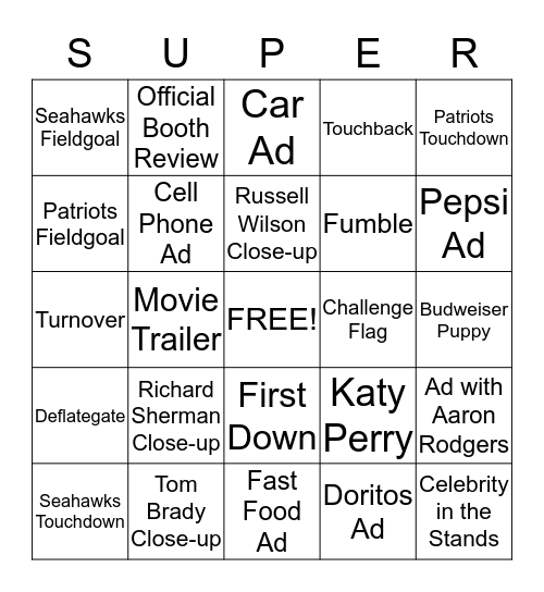 Super Bowl Bingo Card