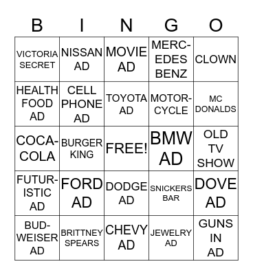 Superbowl Commercial Bingo Card