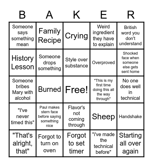 bake off bingo 1 Bingo Card