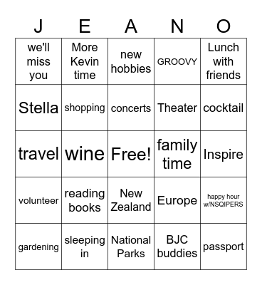 Jeanne's Retirement Bingo Card