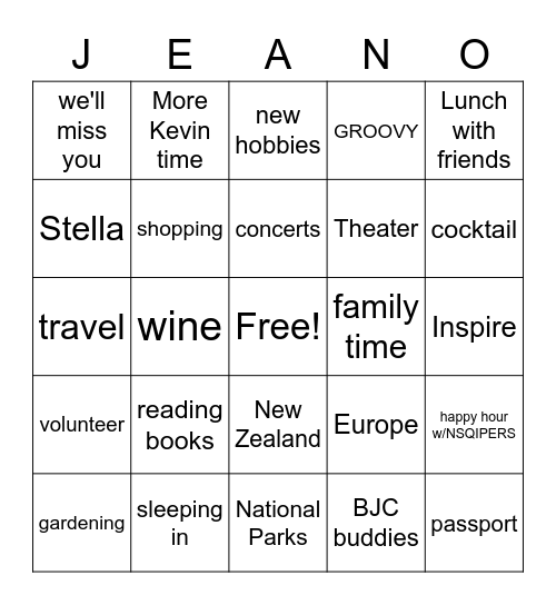 Jeanne's Retirement Bingo Card