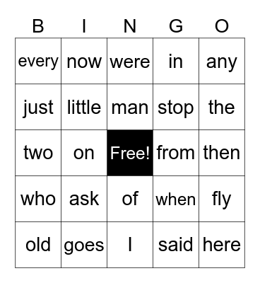sight words Bingo Card