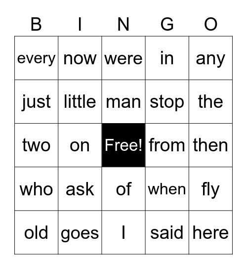 sight words Bingo Card