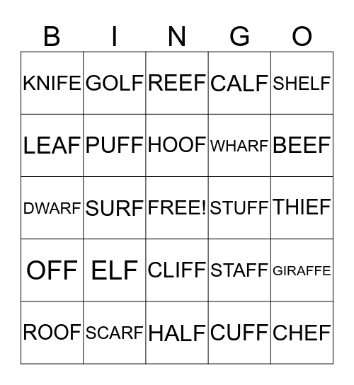 Final 'f' Bingo Card