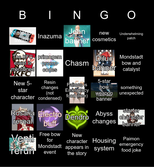 Genshin Impact 1.4 Livestream Bingo Card
