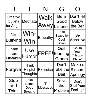 Teen Anger Management  Bingo Card