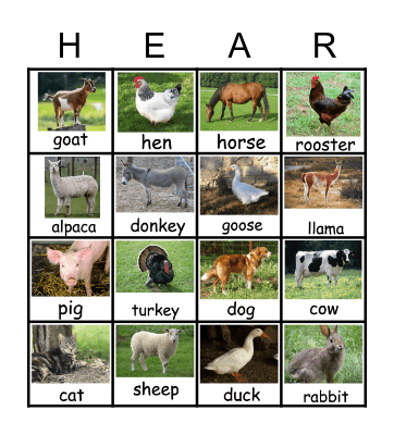 Farm Animal Sounds Bingo Card