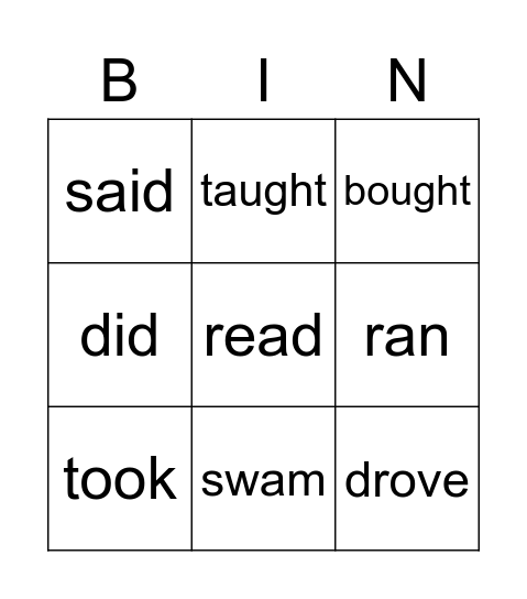 Irregular Past Verbs Bingo Card
