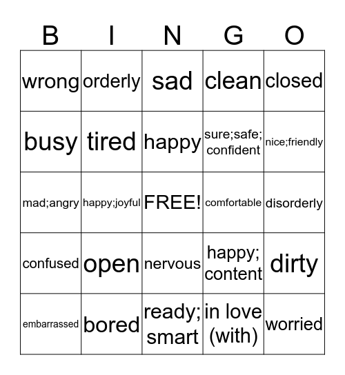 Adjectivos Bingo Card